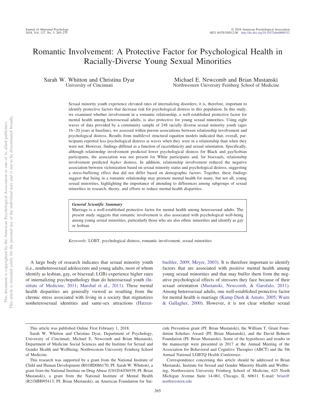 Romantic Involvement: a Protective Factor for Psychological Health in Racially-Diverse Young Sexual Minorities