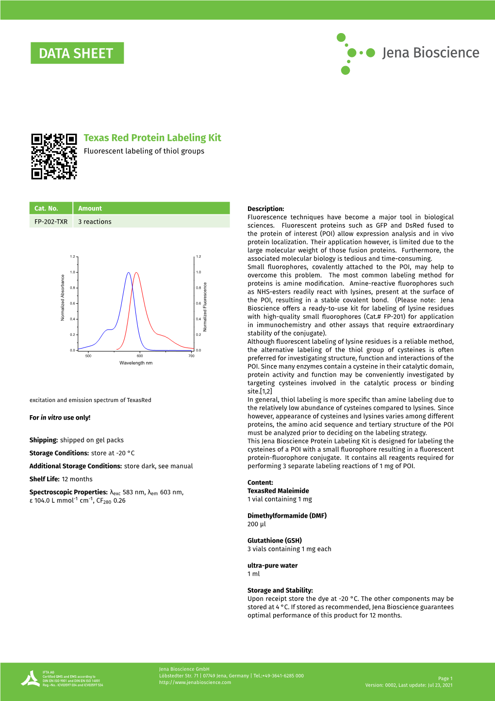 Texas Red Protein Labeling Kit Fluorescent Labeling of Thiol Groups