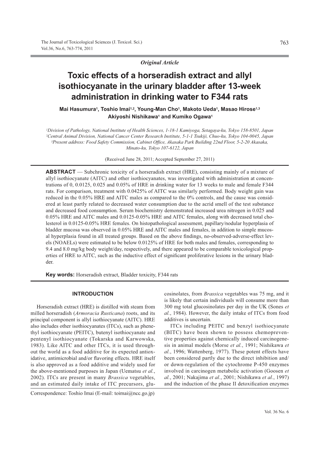 Toxic Effects of a Horseradish Extract and Allyl Isothiocyanate in the Urinary Bladder After 13-Week Administration in Drinking Water to F344 Rats