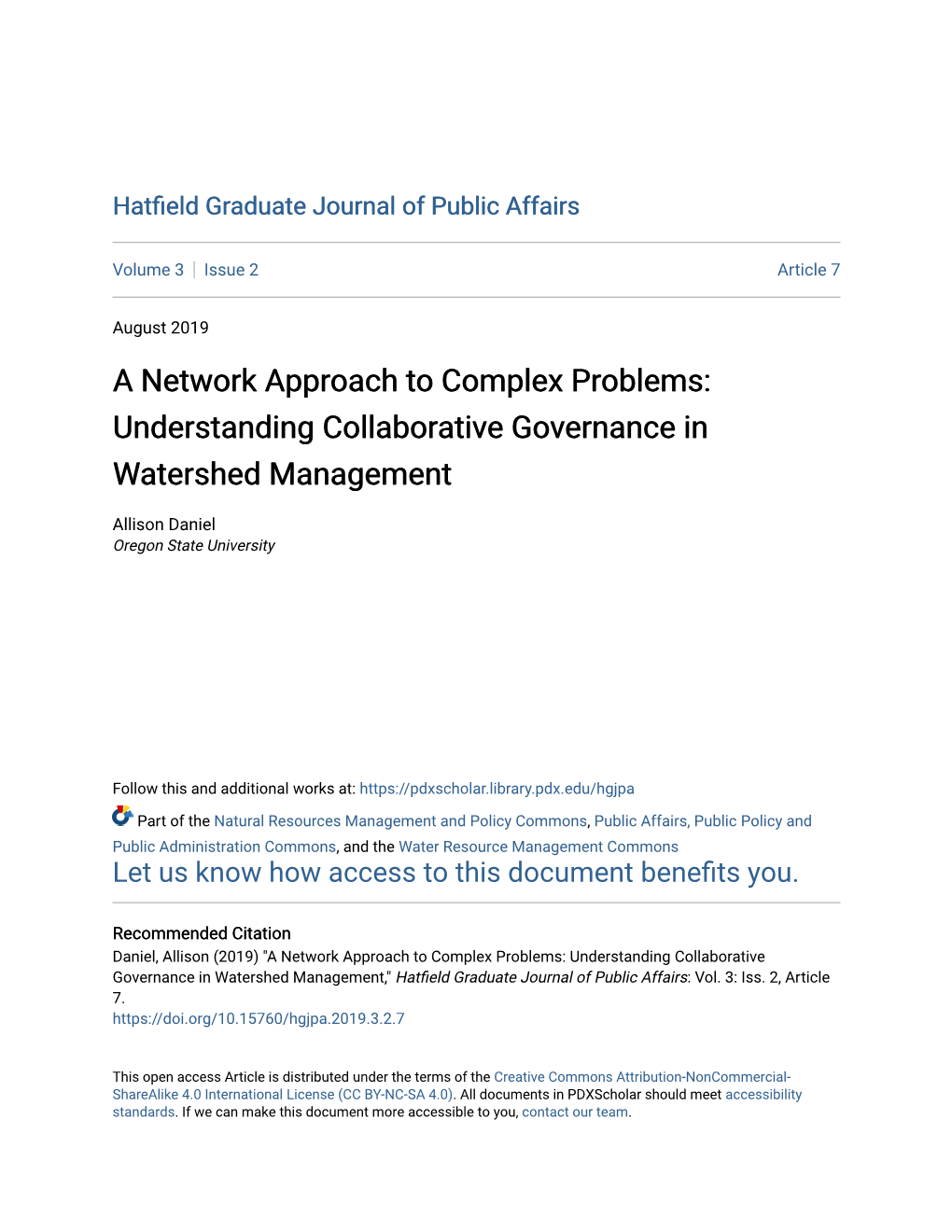 A Network Approach to Complex Problems: Understanding Collaborative Governance in Watershed Management