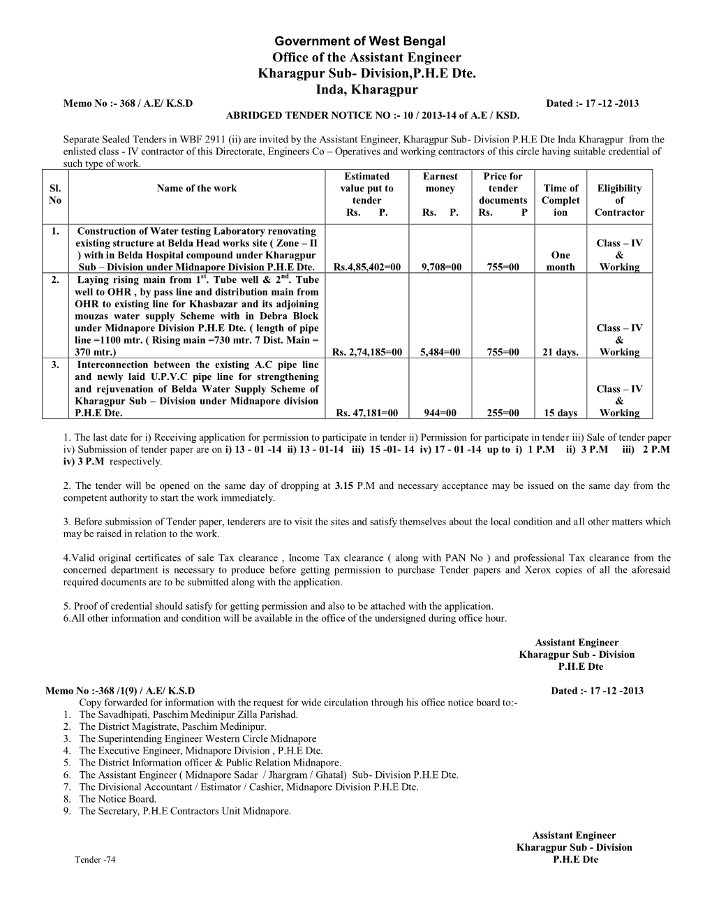 Office of the Assistant Engineer Kharagpur Sub- Division,P.H.E Dte