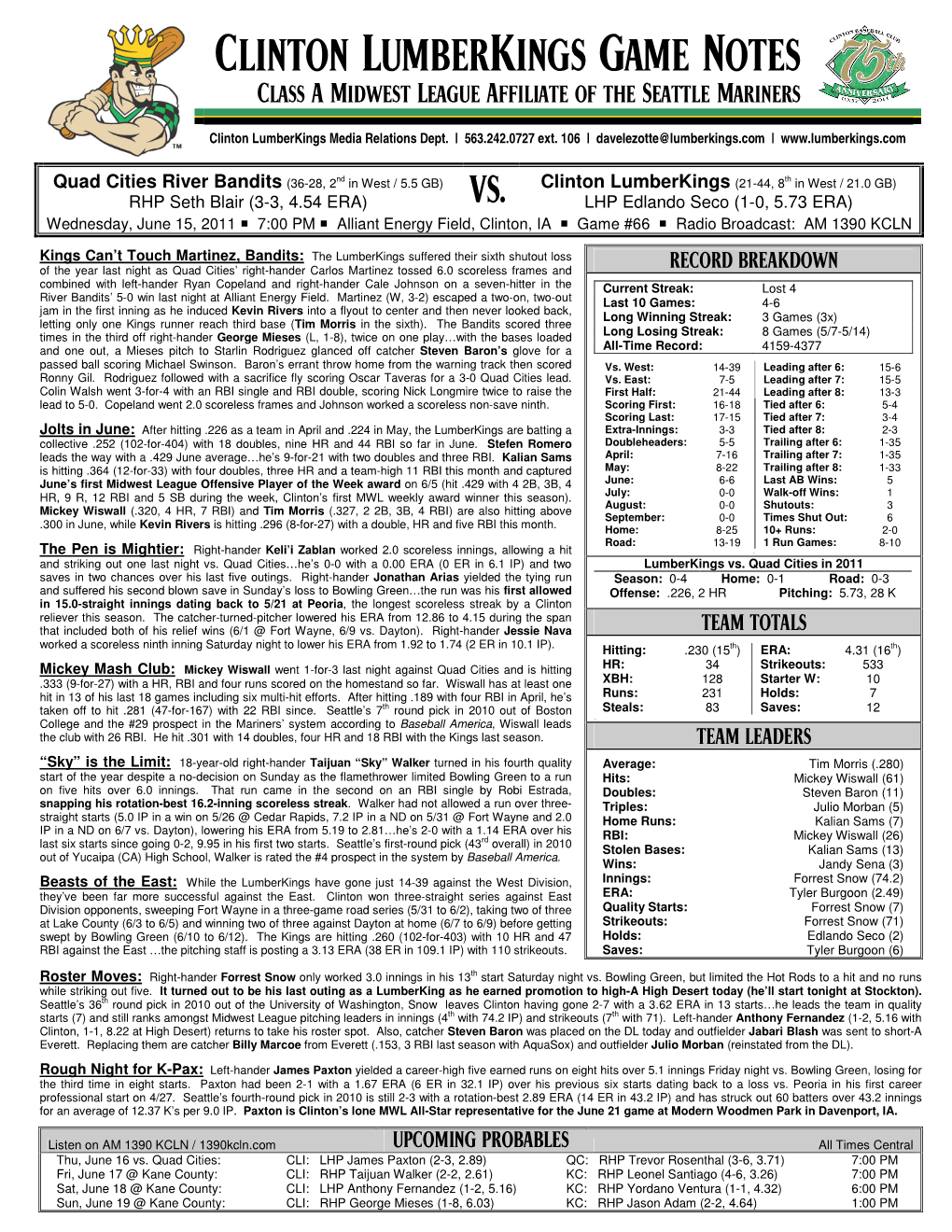 Clinton Lumberkings Game Notes Class a Midwest League Affiliate of the Seattle Mariners