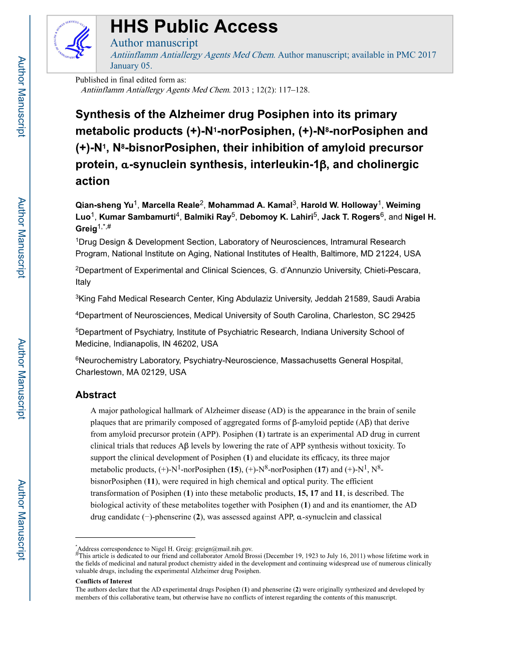 Synthesis of the Alzheimer Drug Posiphen Into Its Primary Metabolic