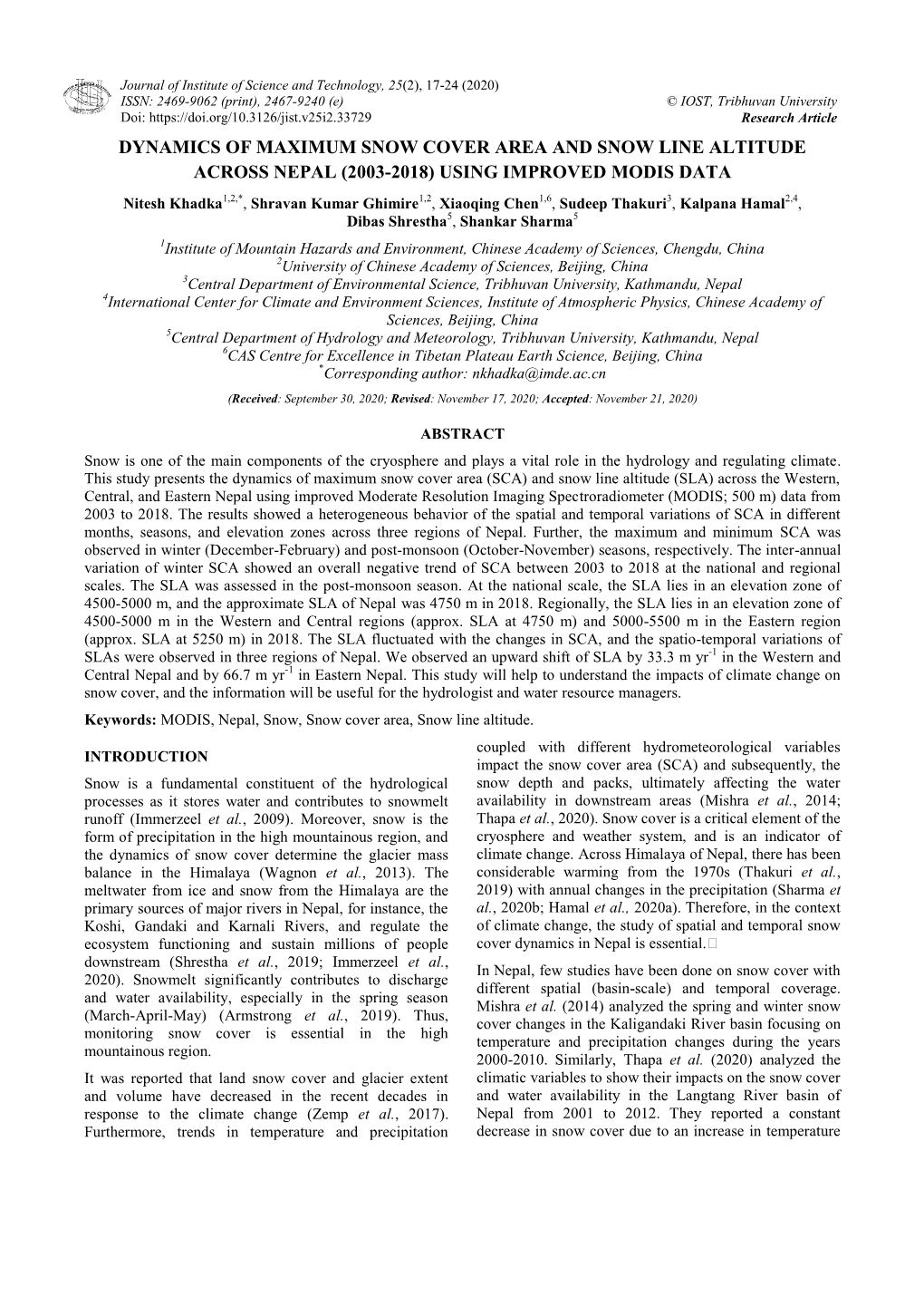 Dynamics of Maximum Snow Cover Area and Snow Line Altitude Across Nepal (2003-2018) Using Improved Modis Data