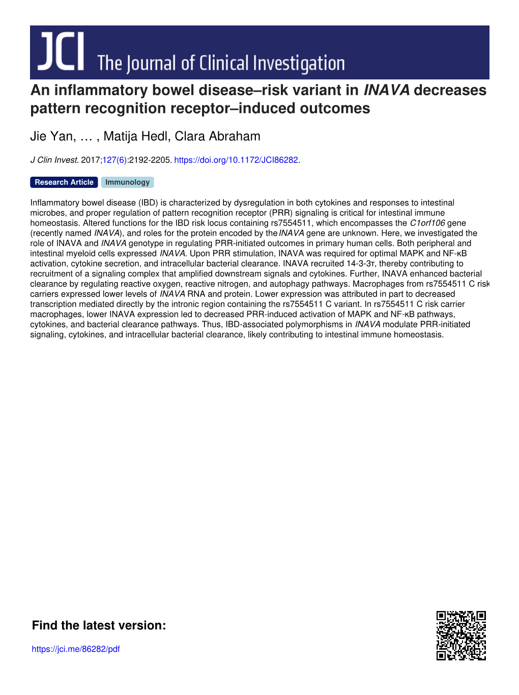 An Inflammatory Bowel Disease–Risk Variant in INAVA Decreases Pattern Recognition Receptor–Induced Outcomes