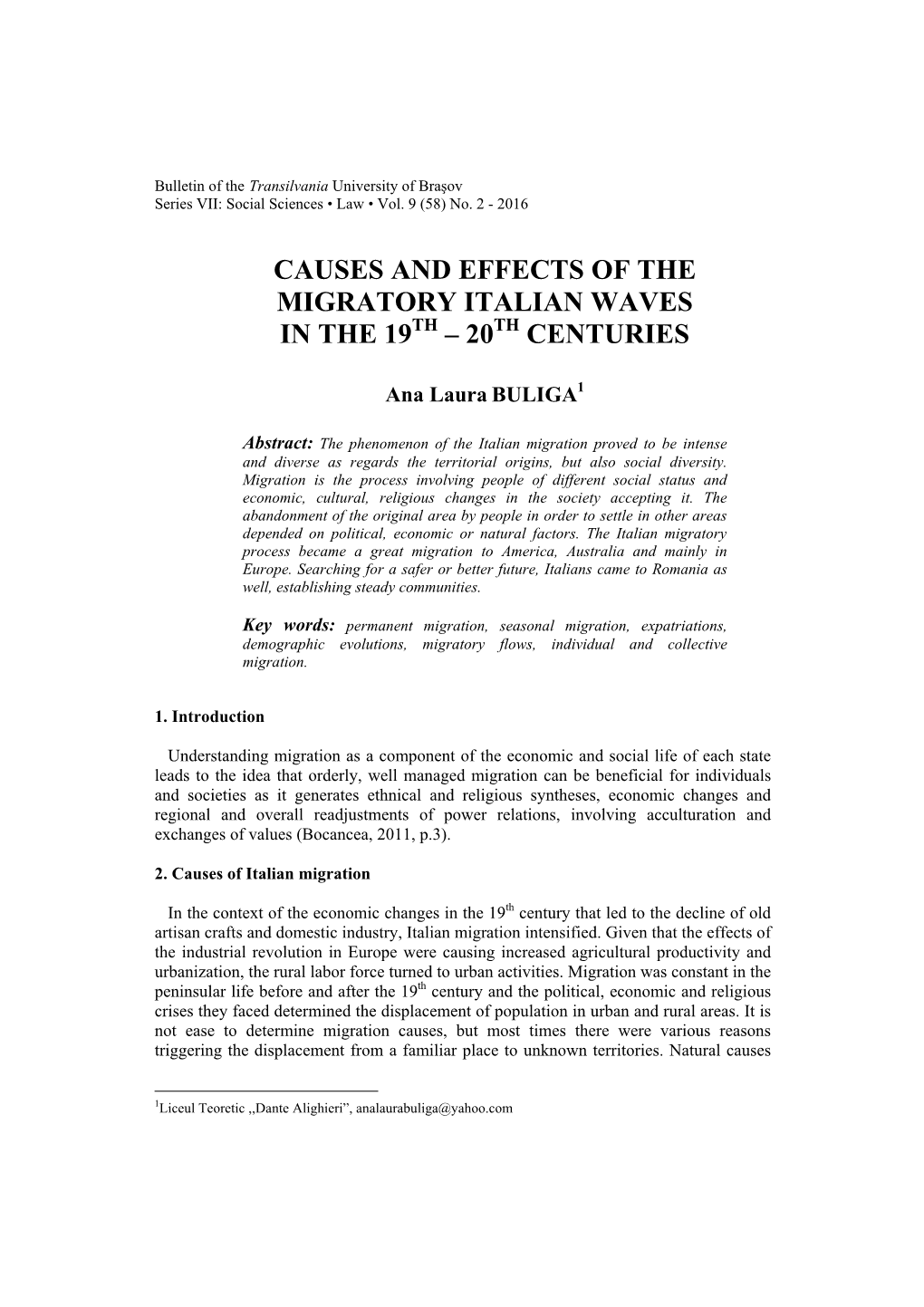 Causes and Effects of the Migratory Italian Waves in the 19 – 20 Centuries