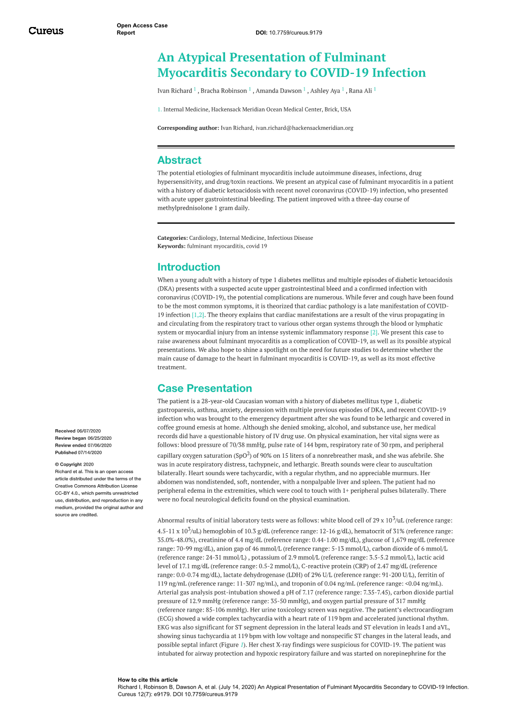 An Atypical Presentation of Fulminant Myocarditis Secondary to COVID-19 Infection