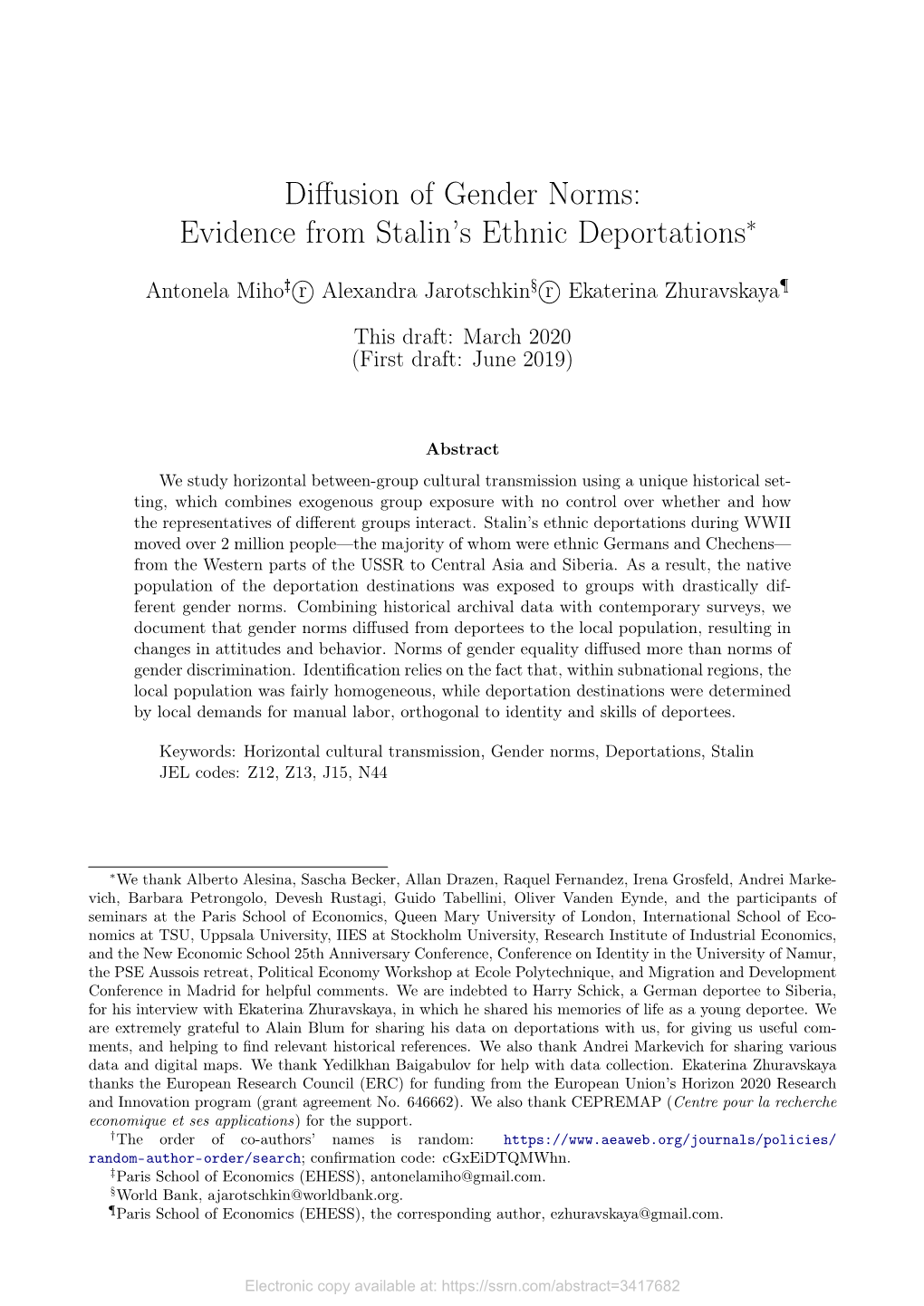 Diffusion of Gender Norms: Evidence from Stalin's Ethnic Deportations