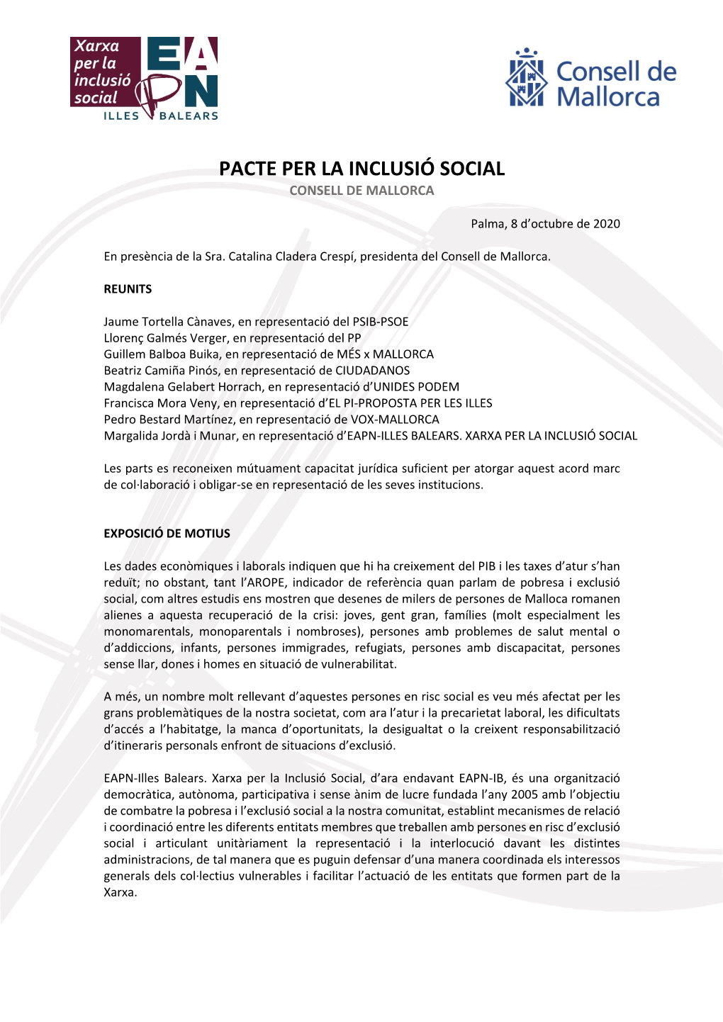 Pacte Per La Inclusió Social Consell De Mallorca