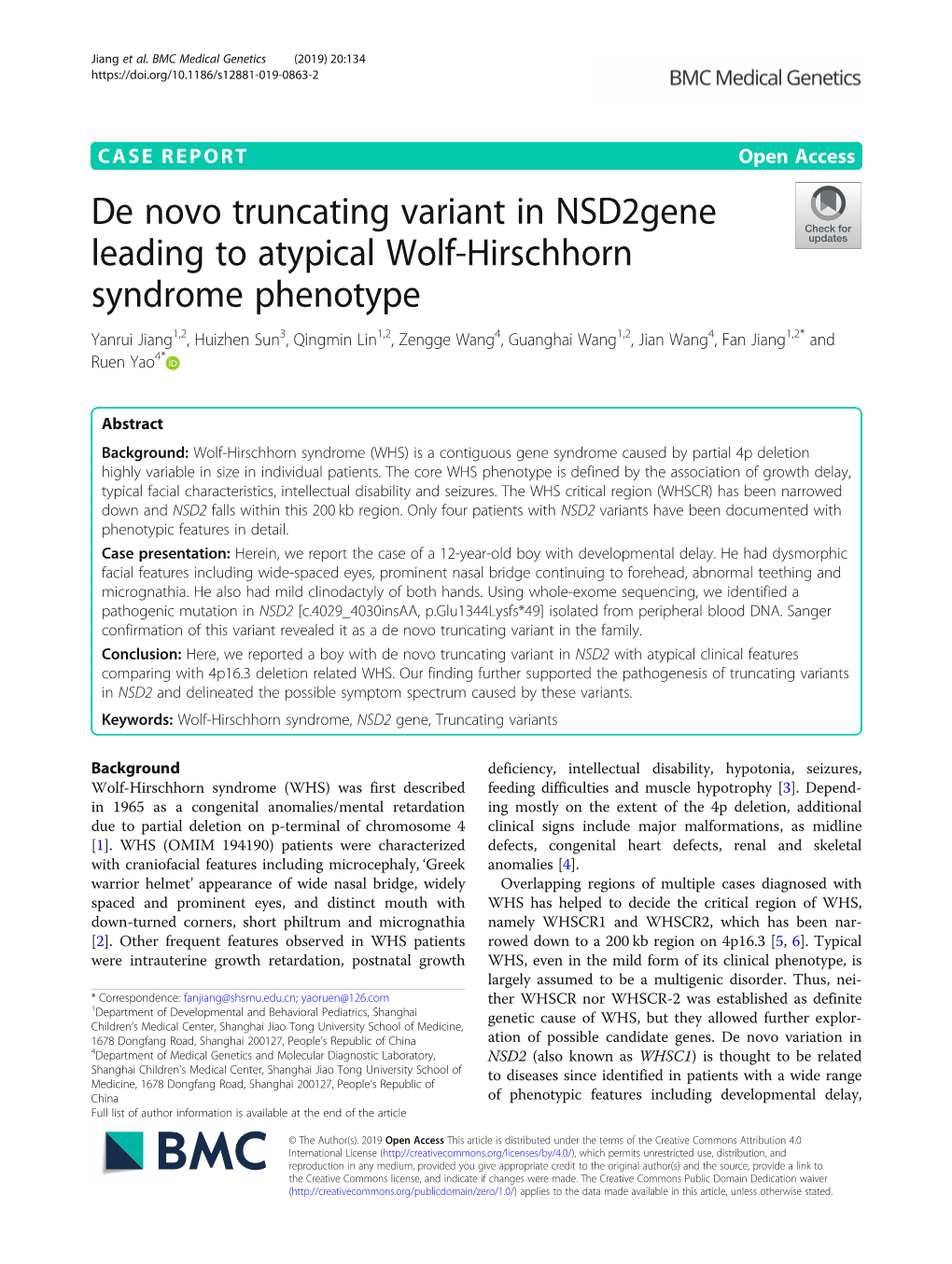 De Novo Truncating Variant in Nsd2gene Leading to Atypical Wolf