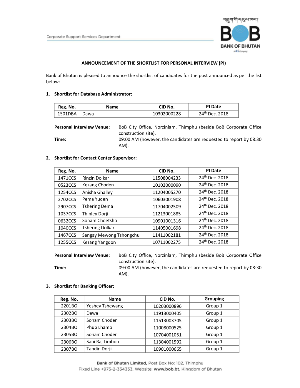 Announcement of the Shortlist for Personal Interview (Pi)