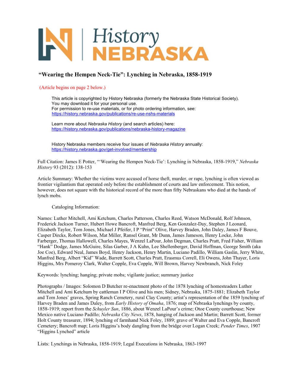 “Wearing the Hempen Neck-Tie”: Lynching in Nebraska, 1858-1919