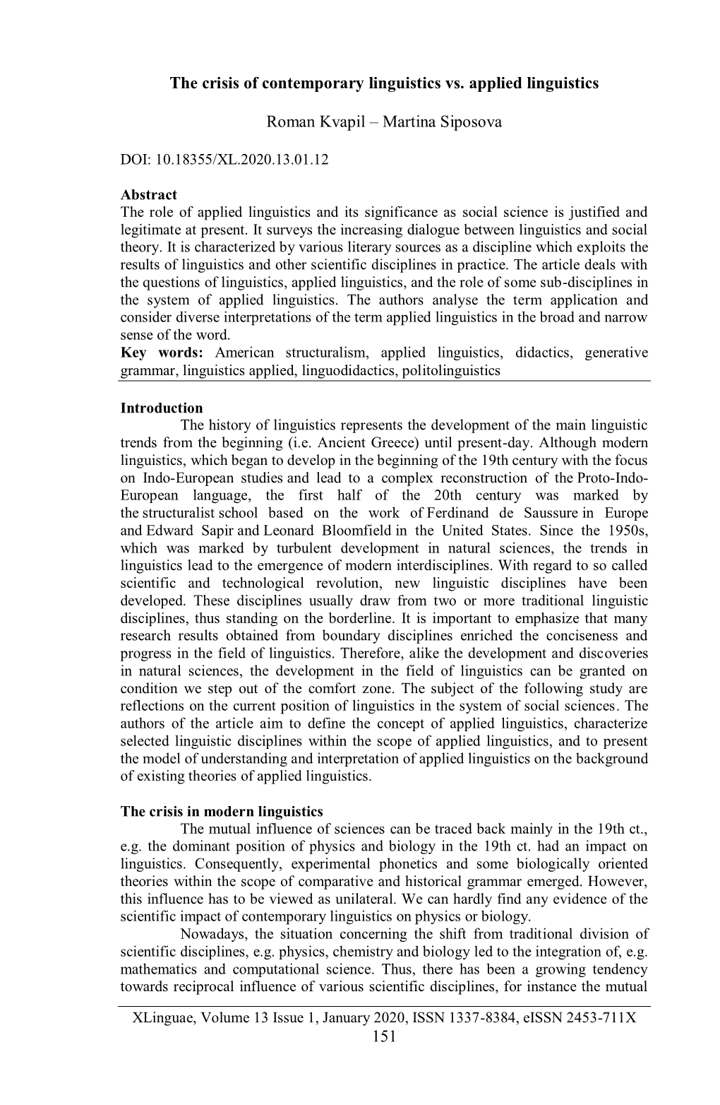 151 the Crisis of Contemporary Linguistics Vs. Applied Linguistics