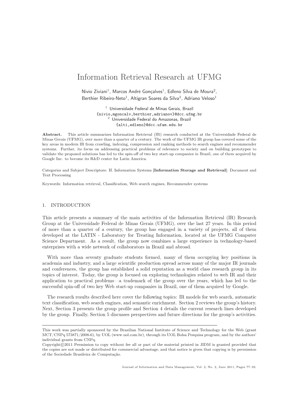 Information Retrieval Research at UFMG