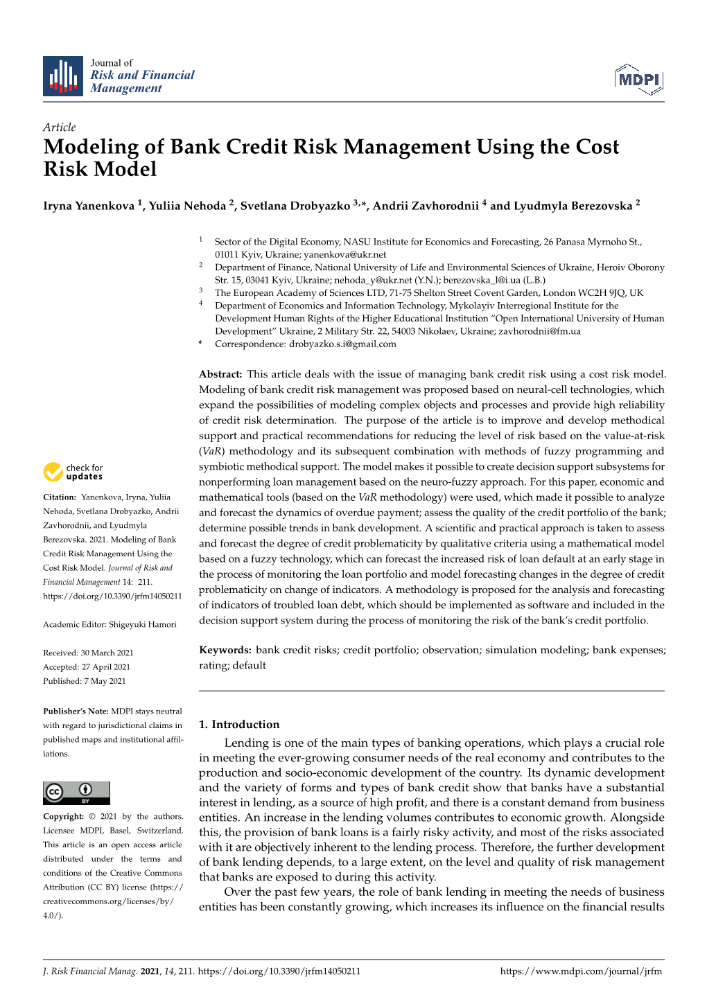 Modeling of Bank Credit Risk Management Using the Cost Risk Model