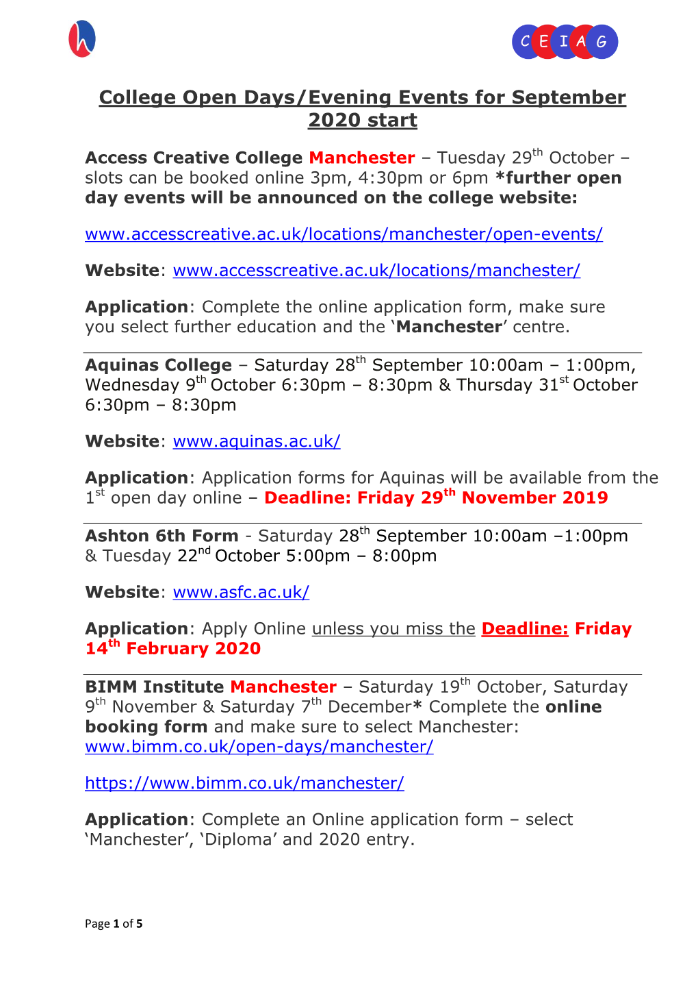 College Open Days/Evening Events for September 2020 Start