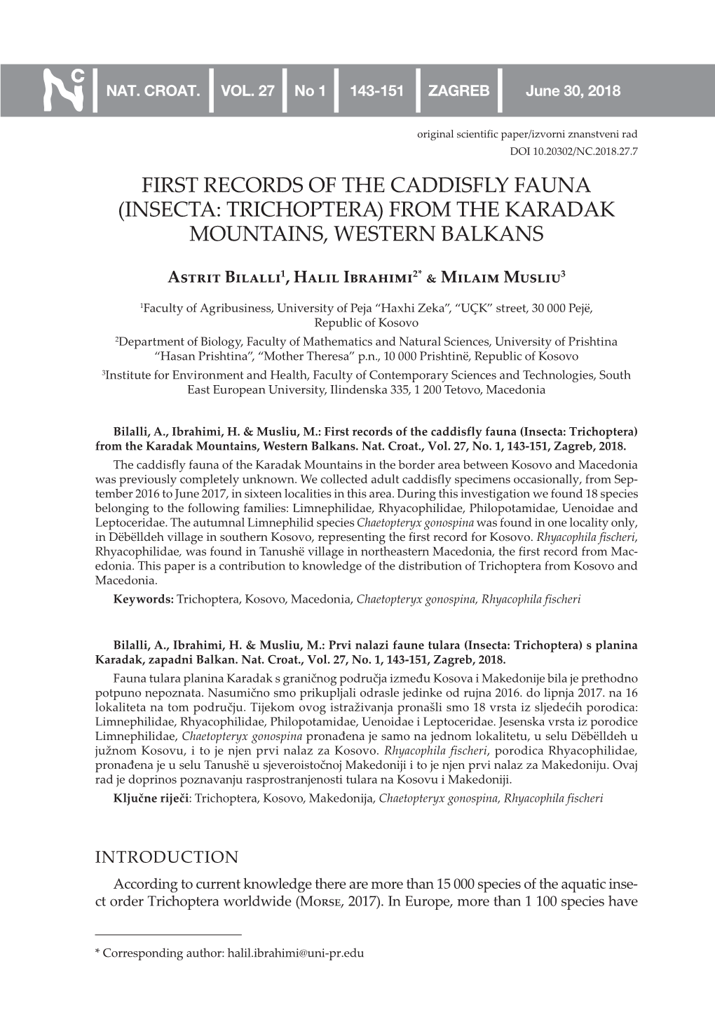 First Records of the Caddisfly Fauna (Insecta: Trichoptera) from the Karadak Mountains, Western Balkans