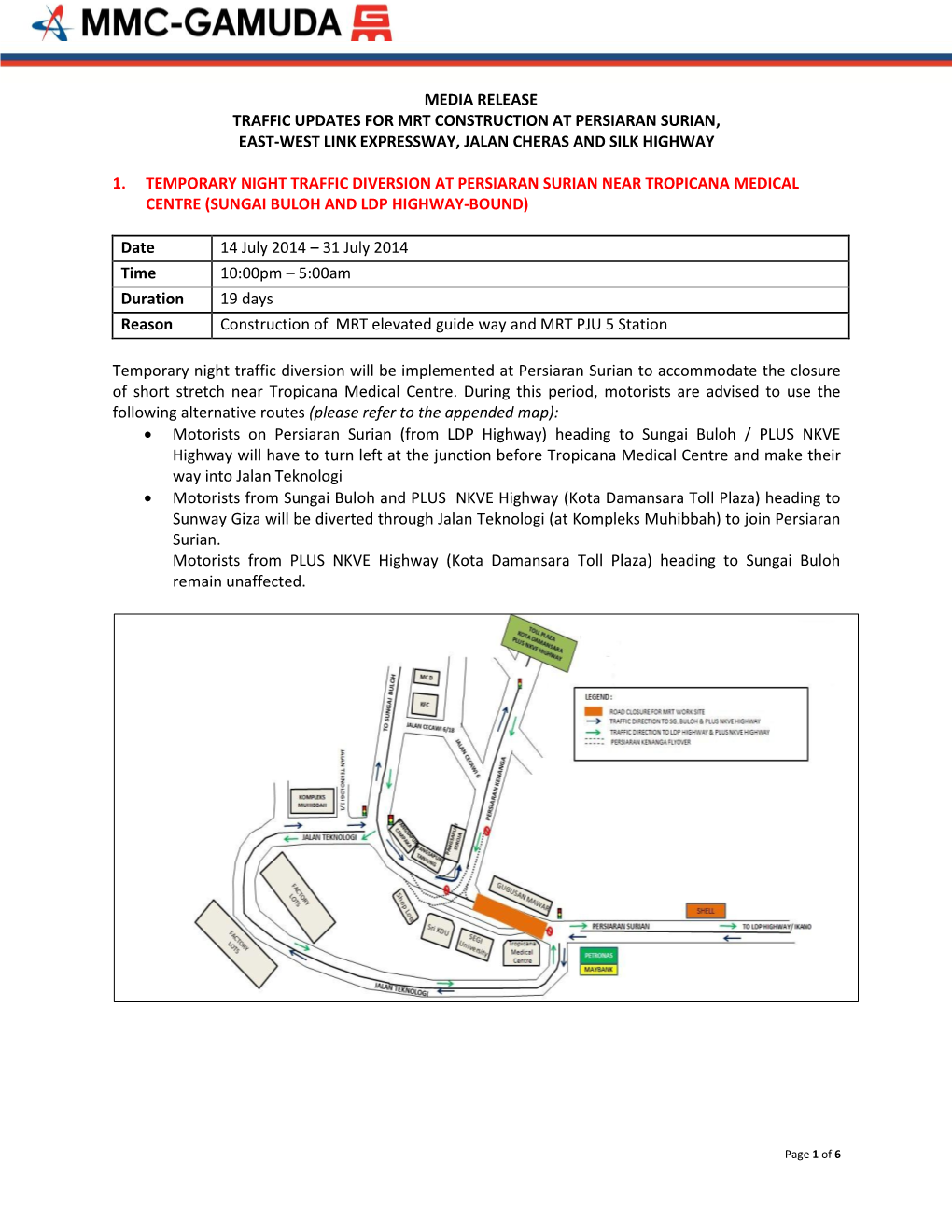 Media Release Traffic Updates for Mrt Construction at Persiaran Surian, East-West Link Expressway, Jalan Cheras and Silk Highway