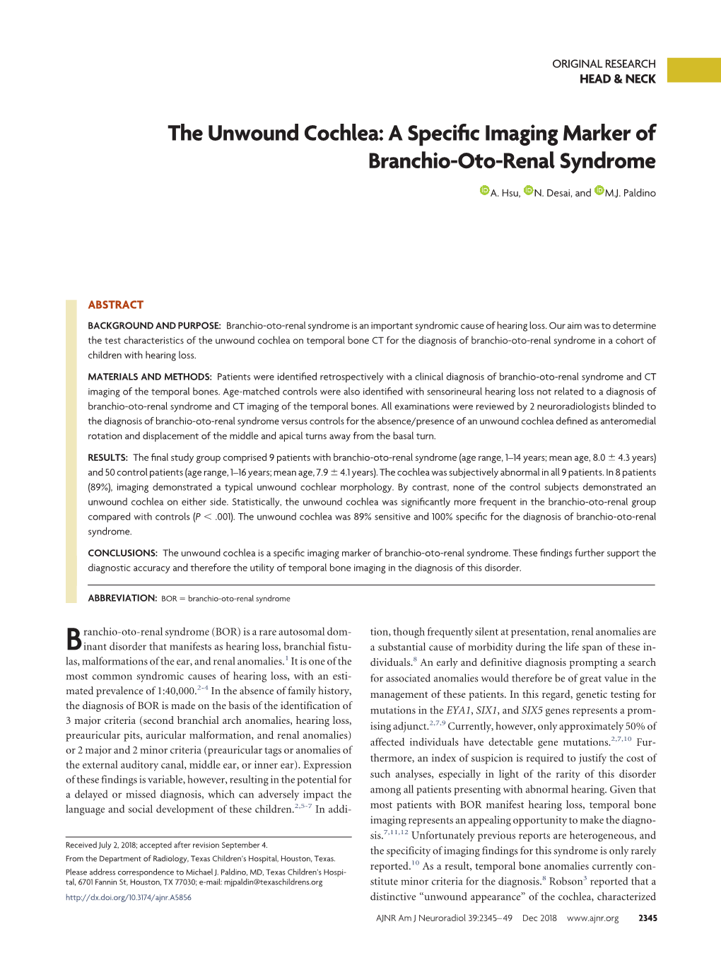 The Unwound Cochlea: a Specific Imaging Marker of Branchio-Oto