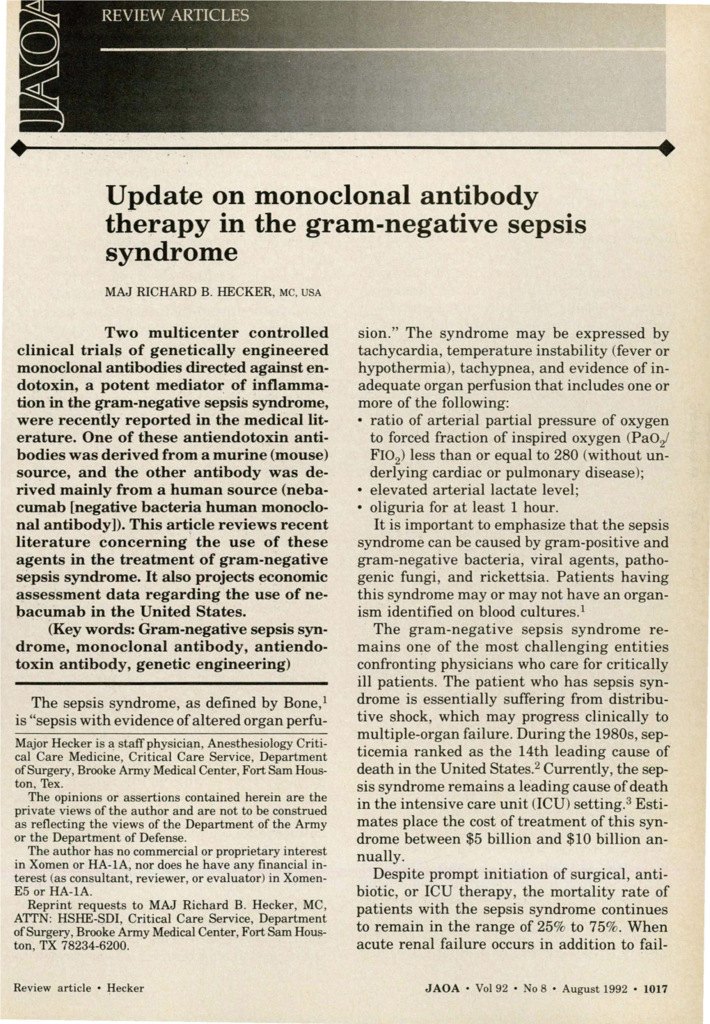 Update on Monoclonal Antibody Therapy in the Gram-Negative Sepsis Syndrome