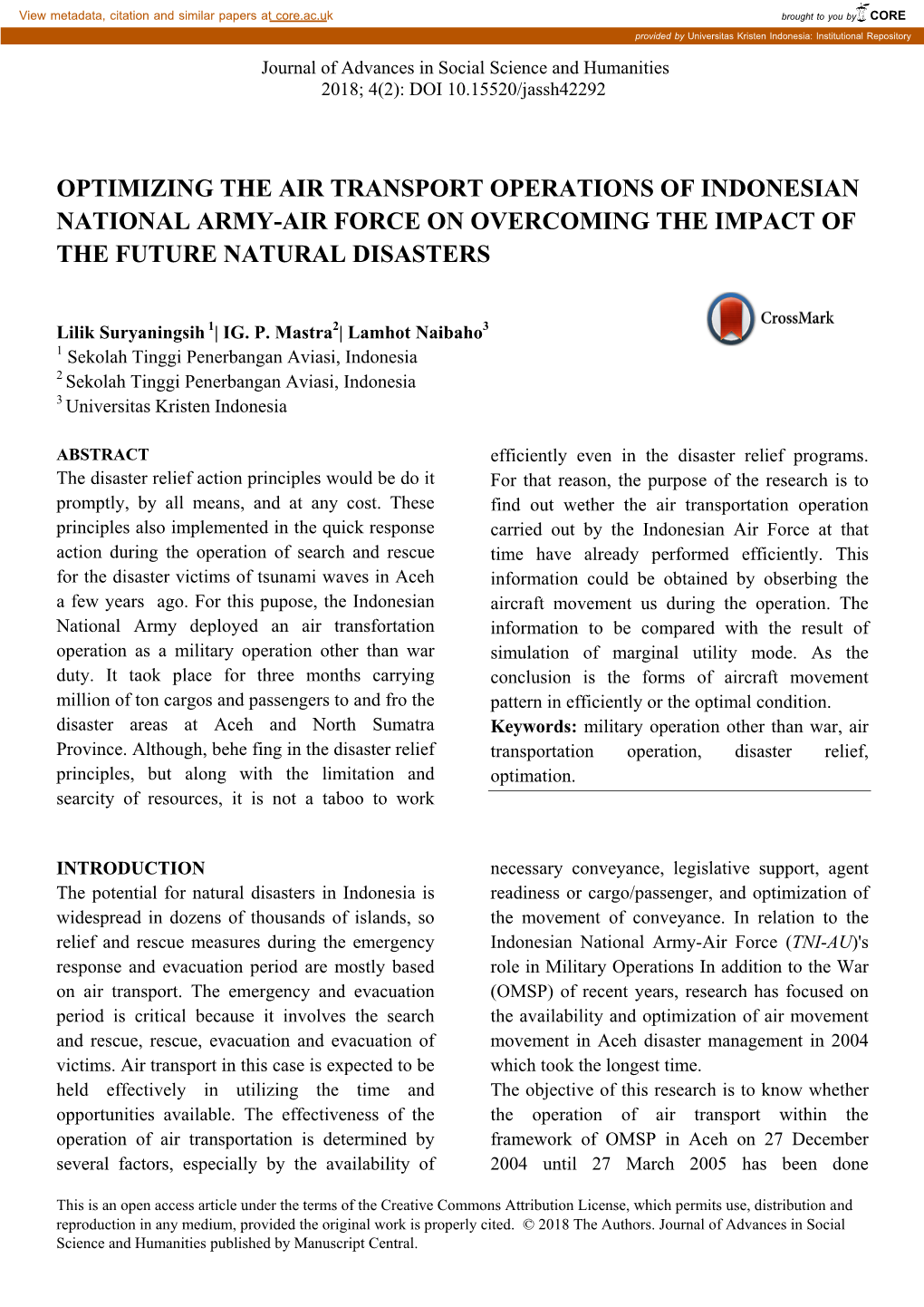 Optimizing the Air Transport Operations of Indonesian National Army-Air Force on Overcoming the Impact of the Future Natural Disasters