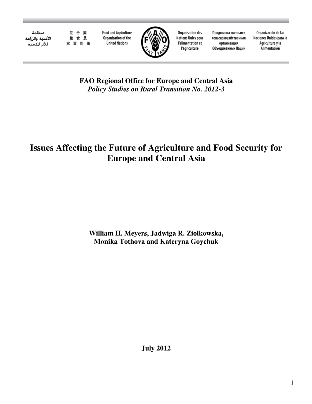 Issues Affecting the Future of Agriculture and Food Security for Europe and Central Asia