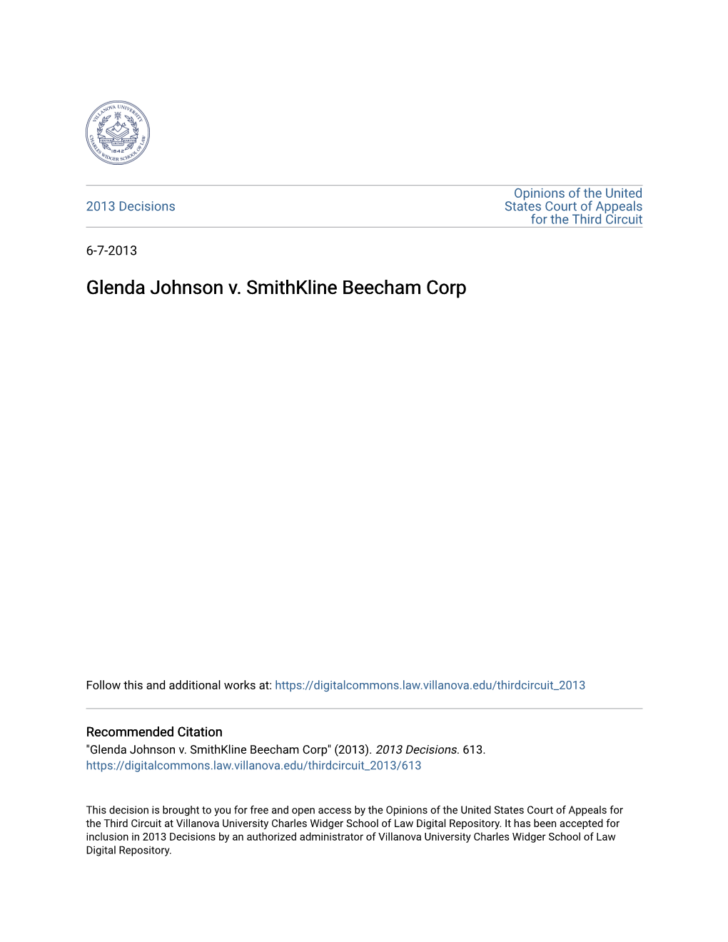 Glenda Johnson V. Smithkline Beecham Corp