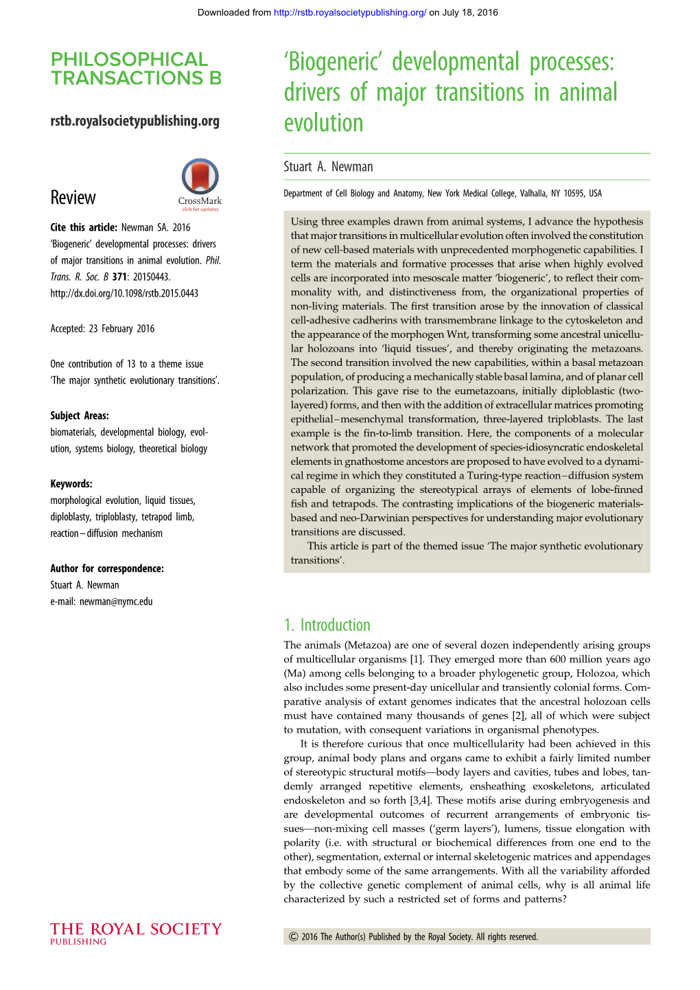 Developmental Processes: Drivers of Major Transitions in Animal Evolution