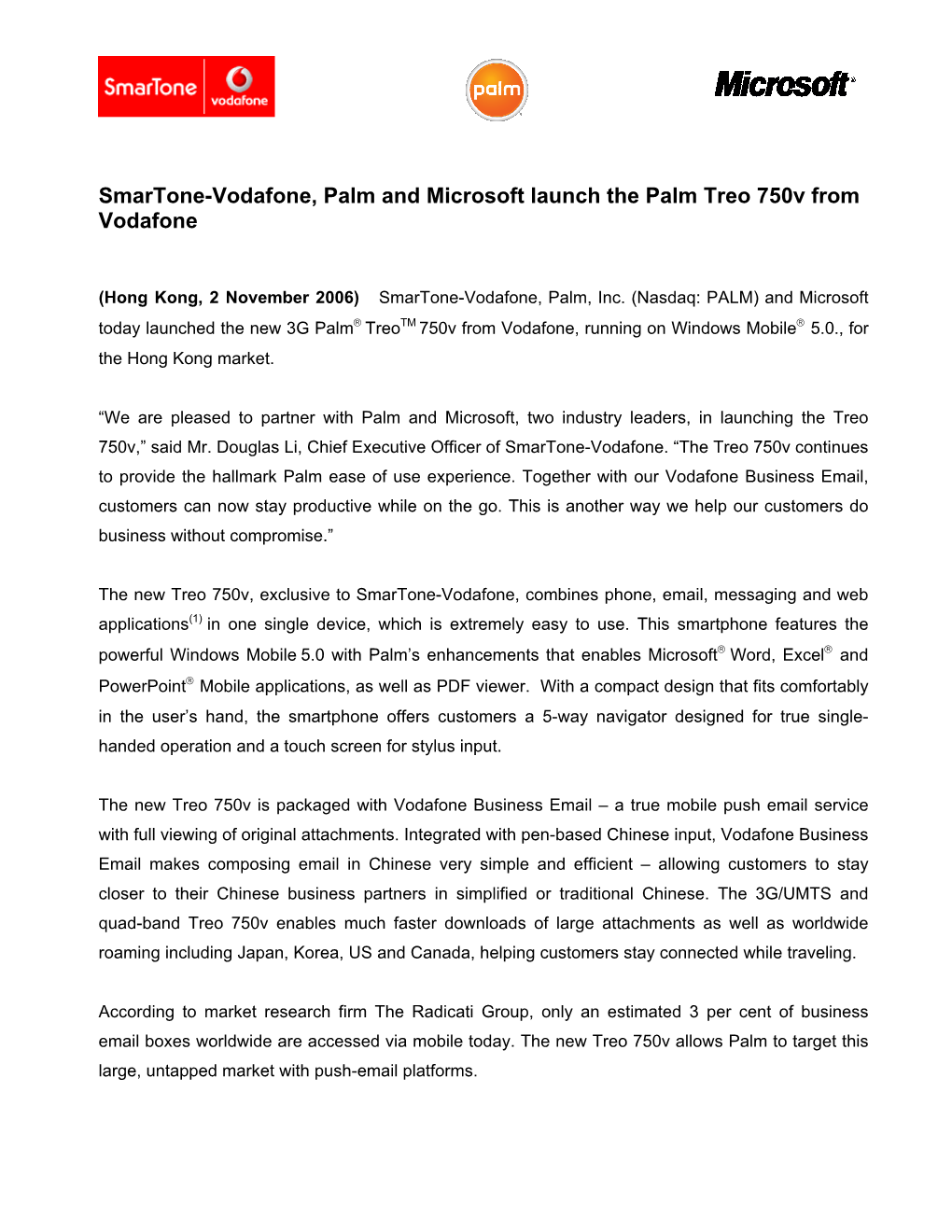 Smartone-Vodafone, Palm and Microsoft Launch the Palm Treo 750V from Vodafone