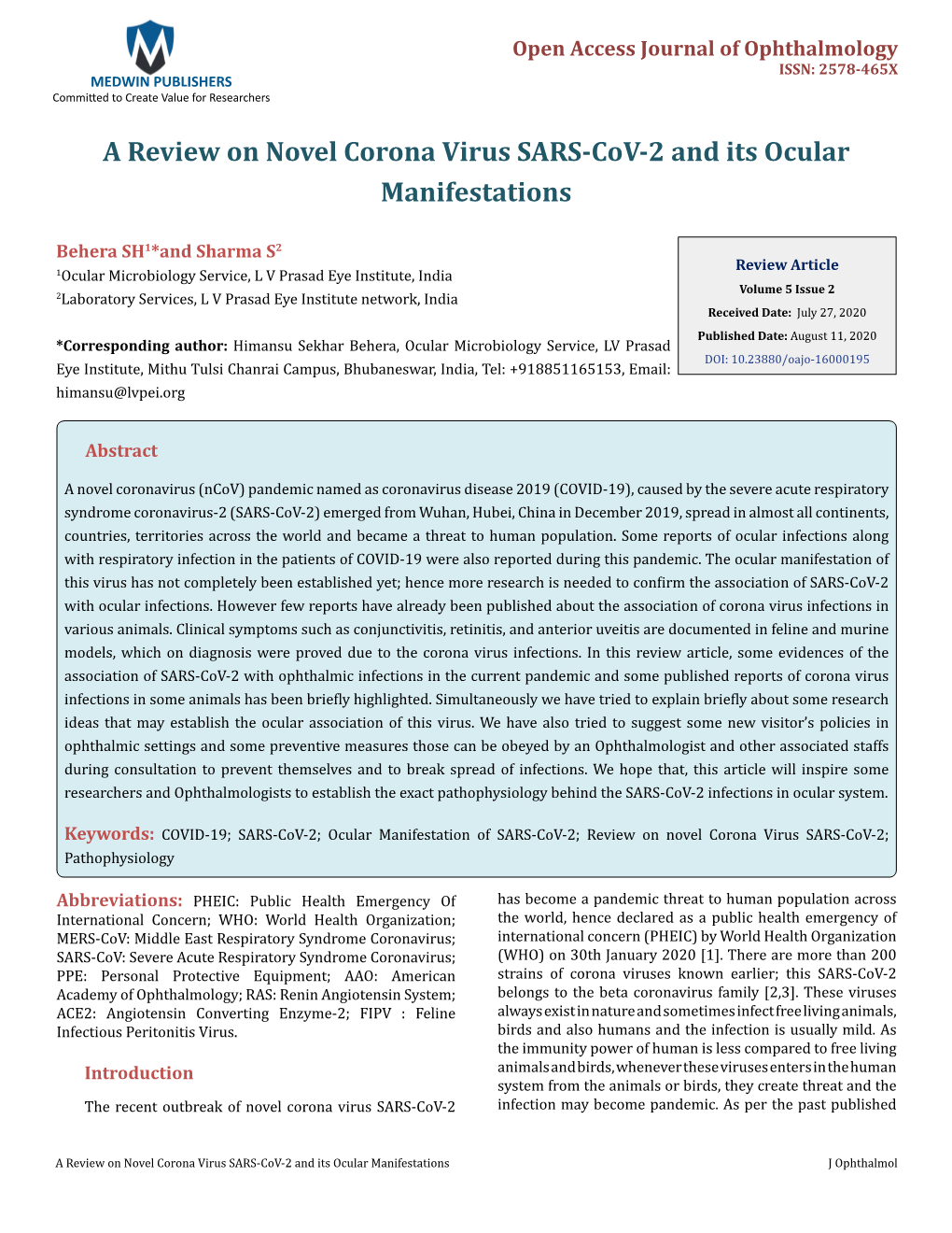 A Review on Novel Corona Virus SARS-Cov-2 and Its Ocular Manifestations