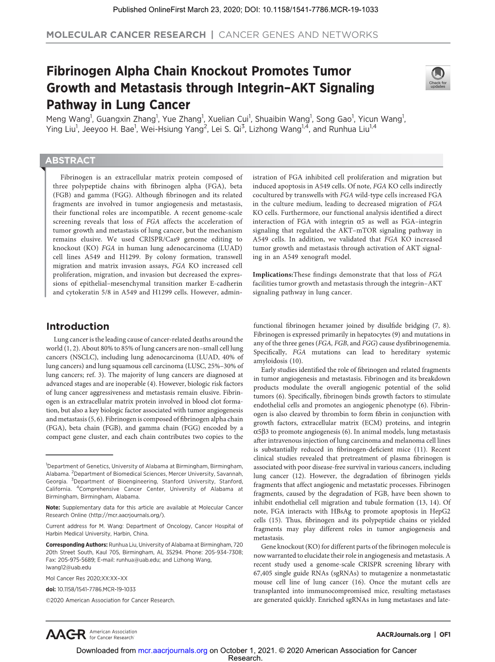 Fibrinogen Alpha Chain Knockout Promotes Tumor Growth And
