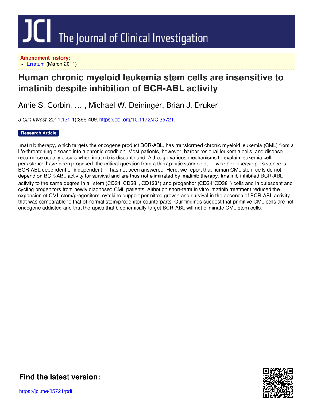 Human Chronic Myeloid Leukemia Stem Cells Are Insensitive to Imatinib Despite Inhibition of BCR-ABL Activity