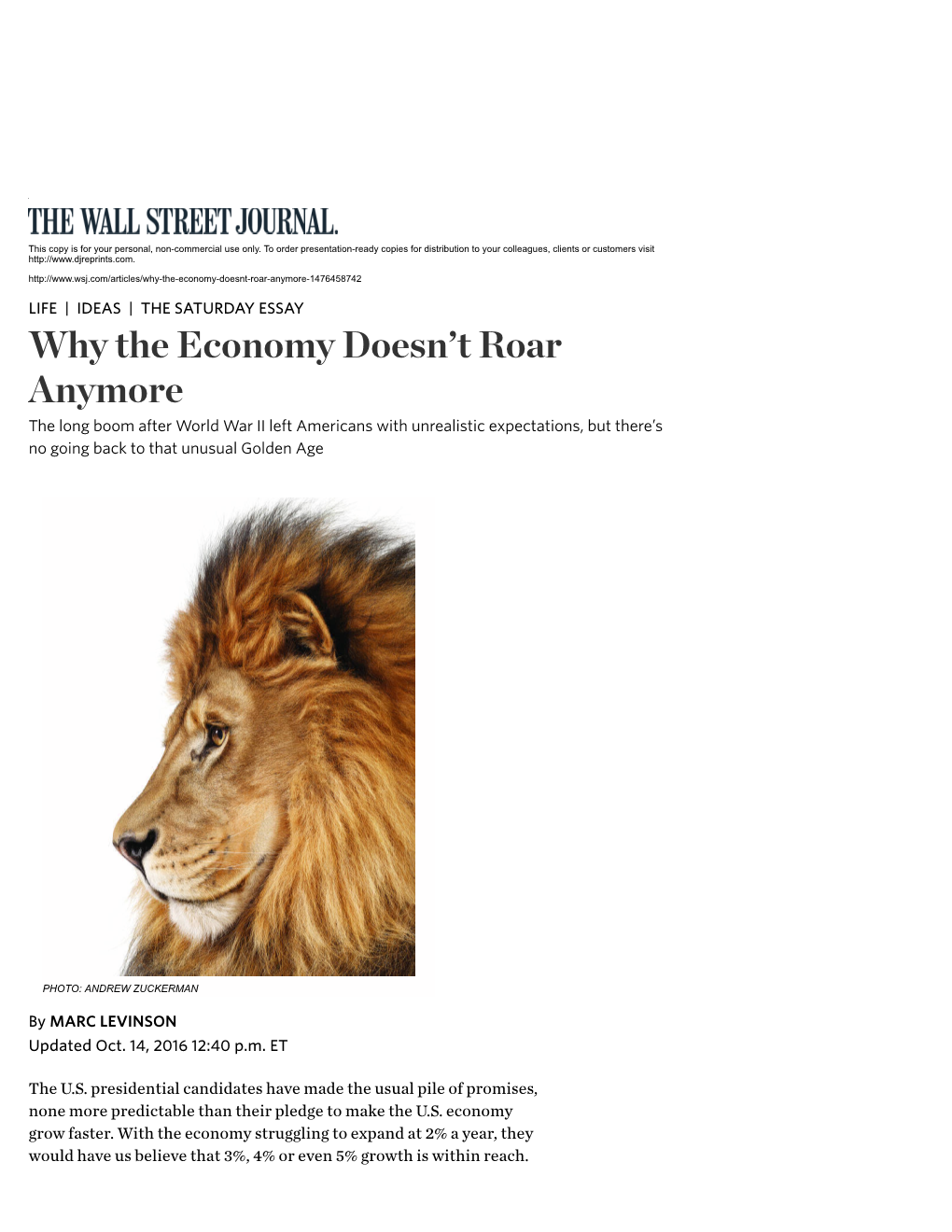 Why the Economy Doesn't Roar Anymore WSJ 101416