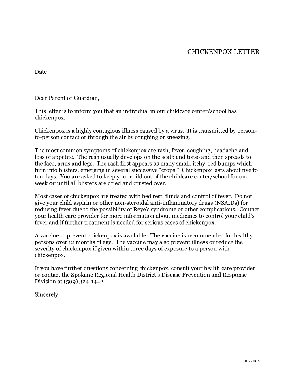 Chickenpox Letter