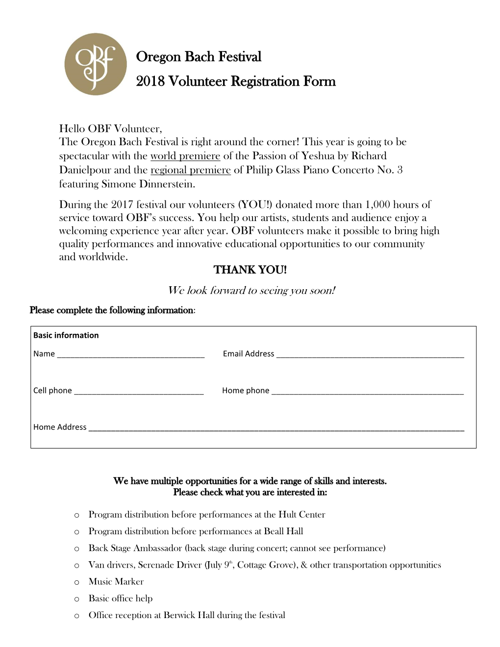 Oregon Bach Festival 2018 Volunteer Registration Form