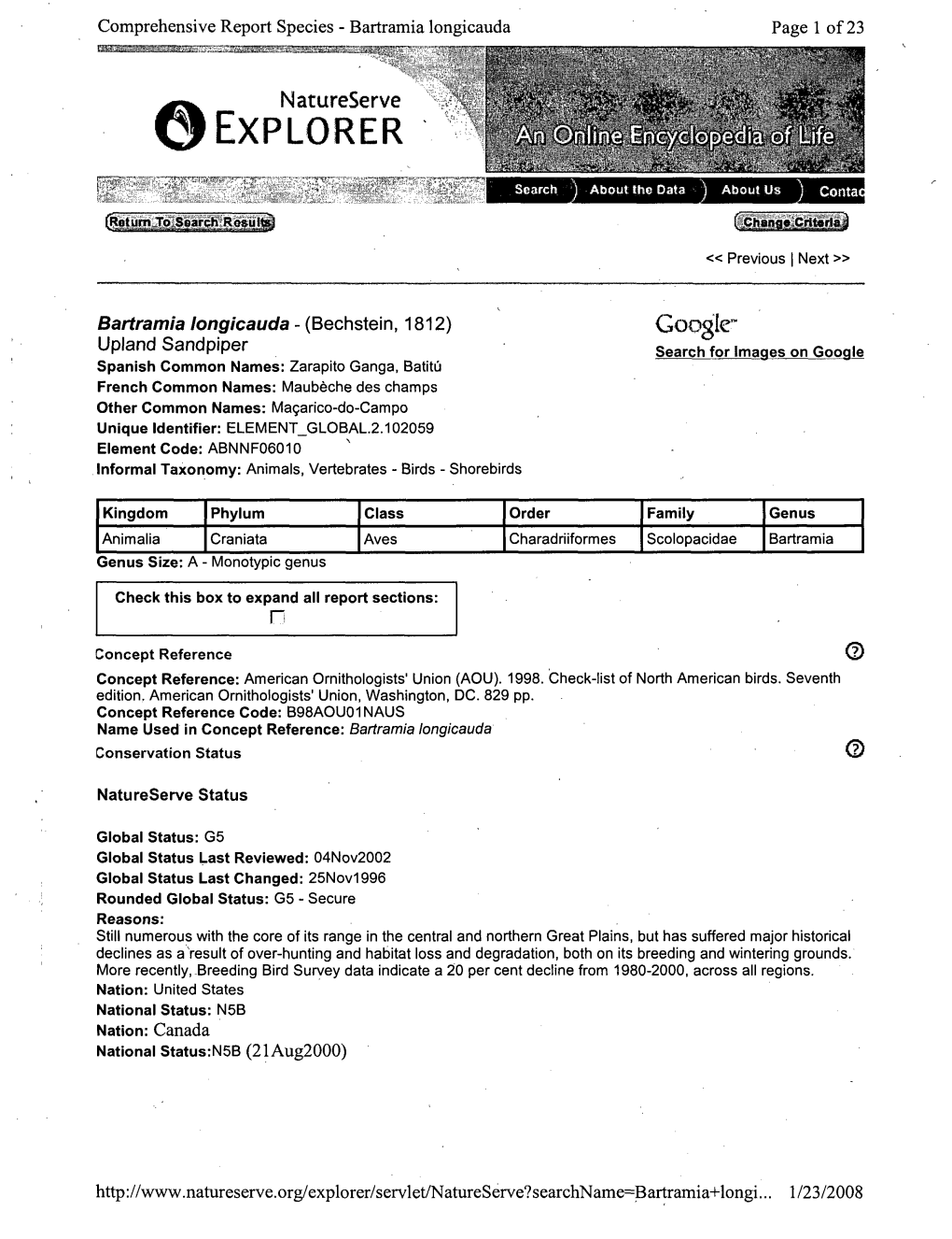 Comprehensive Report Species - Bartramia Longicauda Page I of 23 Ciexplor'ernatureserve