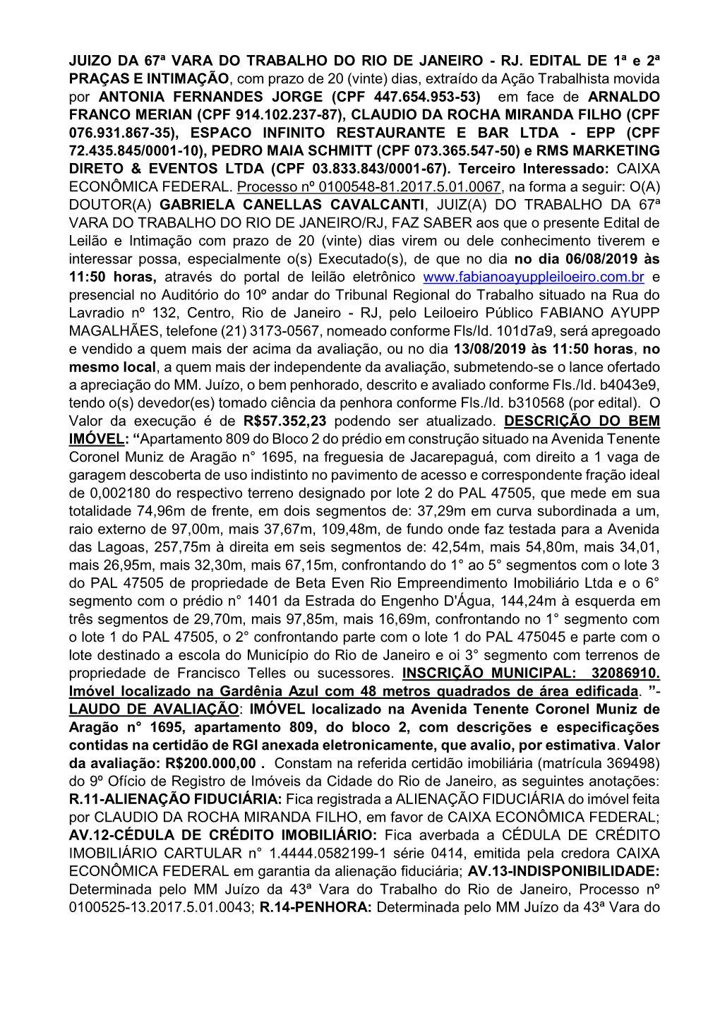 Juizo Da 67ª Vara Do Trabalho Do Rio De Janeiro - Rj