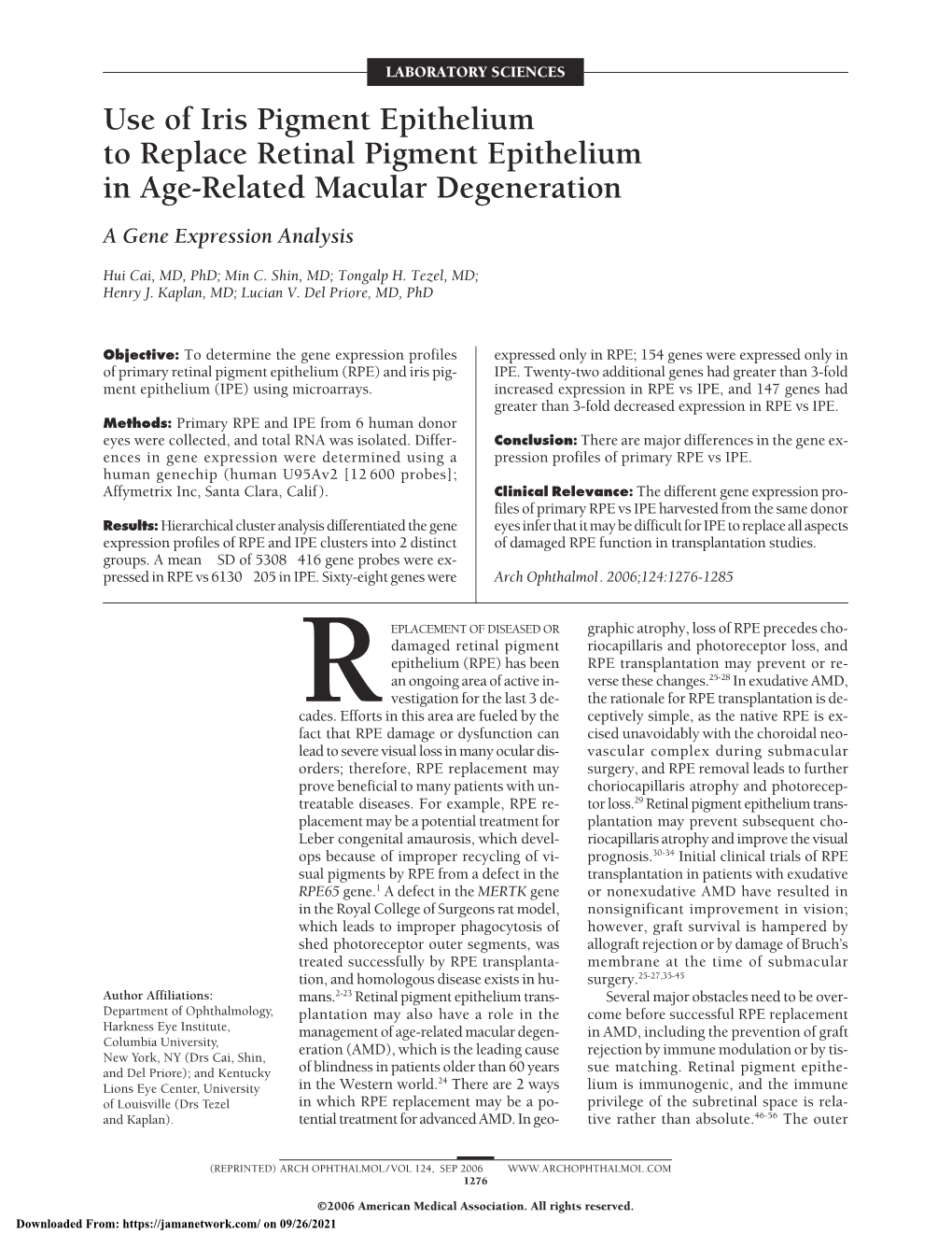 Use of Iris Pigment Epithelium to Replace Retinal Pigment Epithelium in Age-Related Macular Degeneration a Gene Expression Analysis