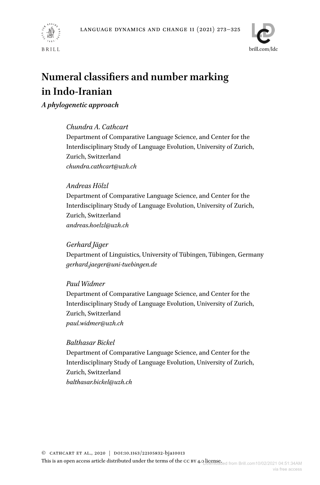 Numeral Classifiers and Number Marking in Indo-Iranian a Phylogenetic Approach