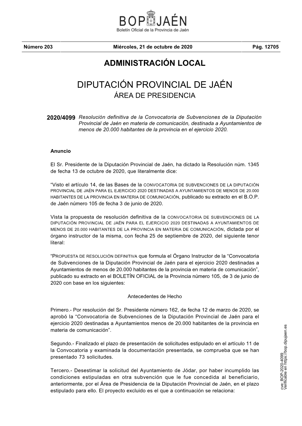 Diputación Provincial De Jaén Área De Presidencia