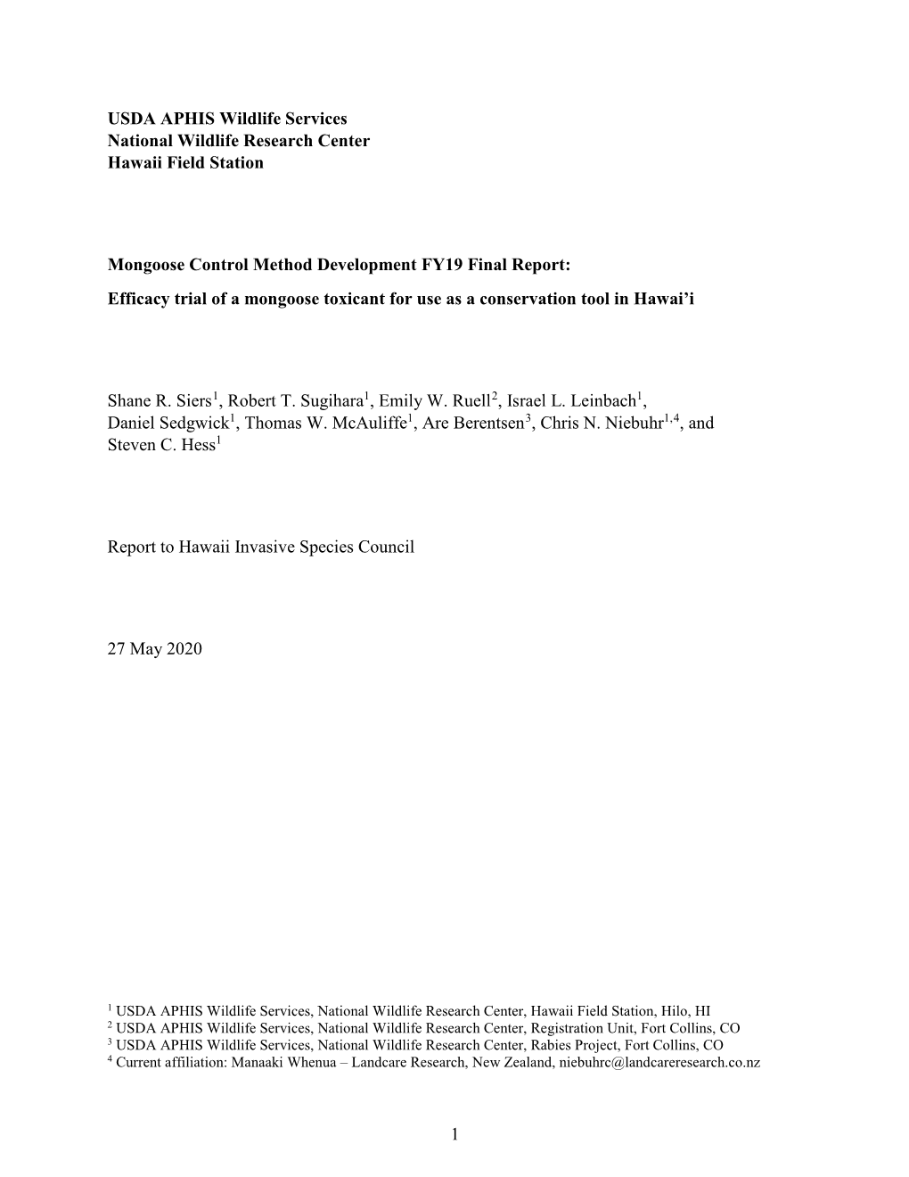 USDA NWRC Mongoose GLP Toxicant Efficacy Sierss FY19 Final