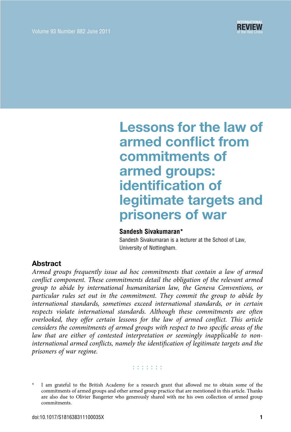 Lessons for the Law of Armed Conflict from Commitments of Armed Groups: Identification of Legitimate Targets and Prisoners of Wa