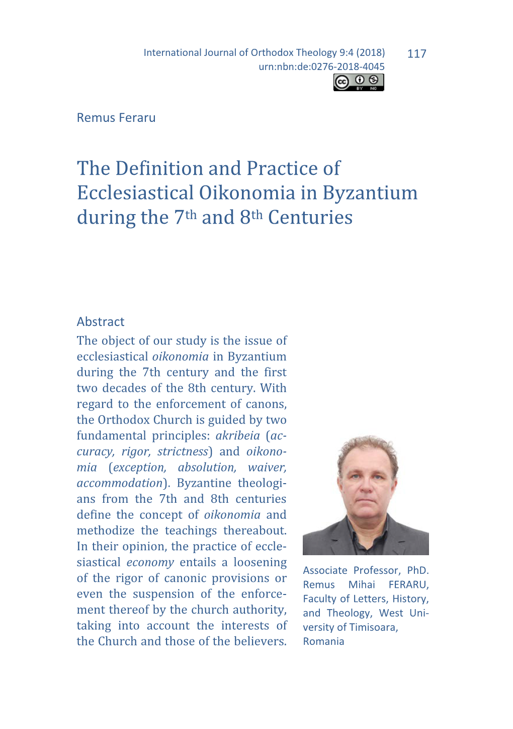 The Definition and Practice of Ecclesiastical Oikonomia in Byzantium During the 7Th and 8Th Centuries