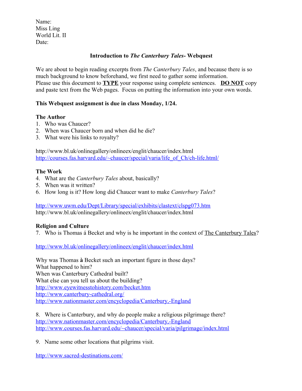 Introduction to the Canterbury Tales- Webquest