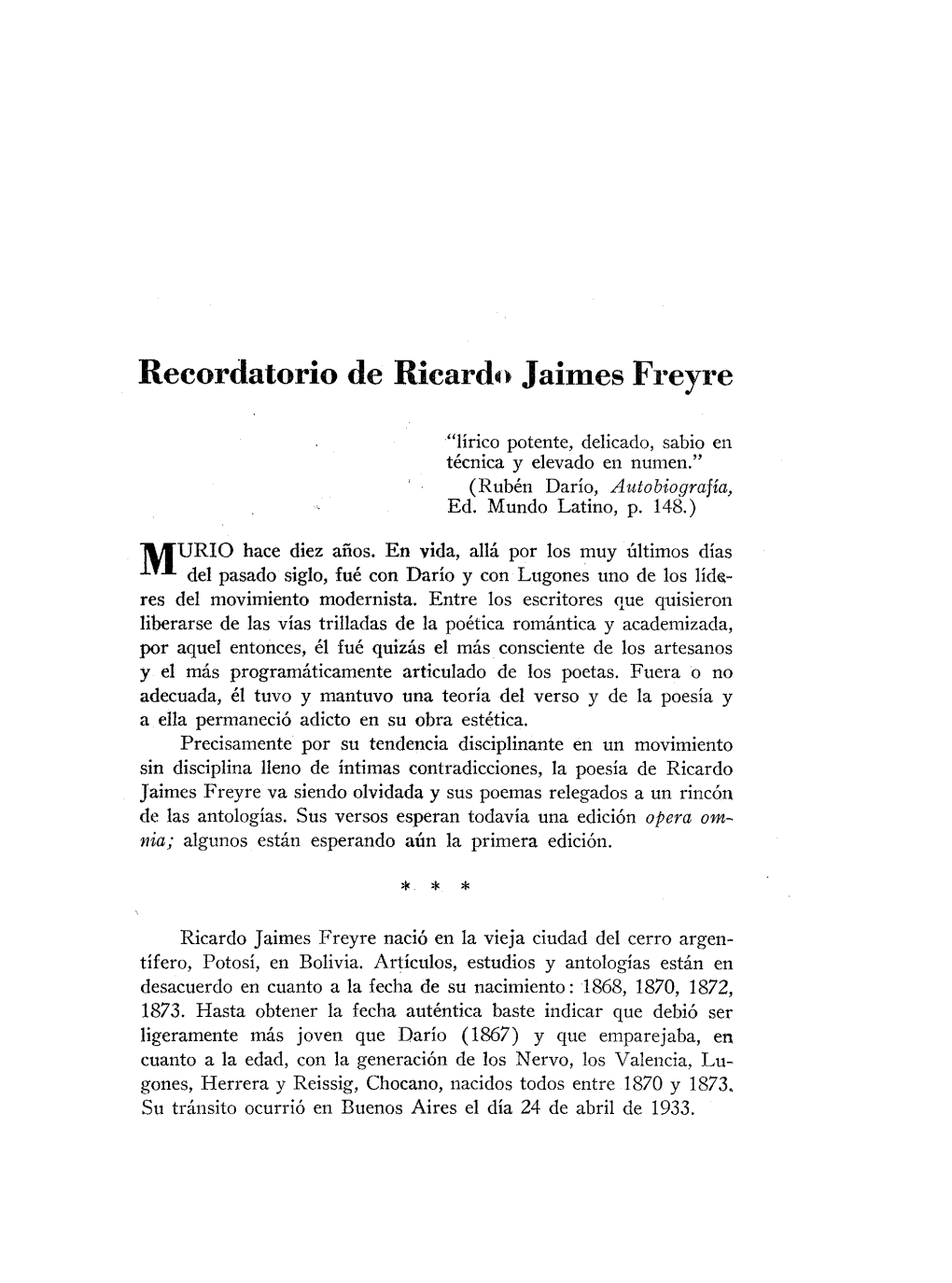 Recordatorio De Ricardo Jaimes Freyre