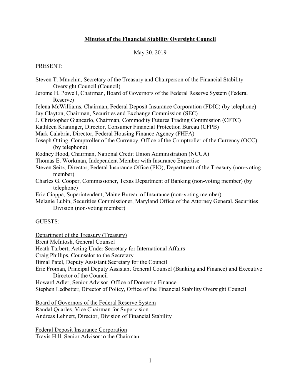 Minutes of the Financial Stability Oversight Council, May 30, 2019