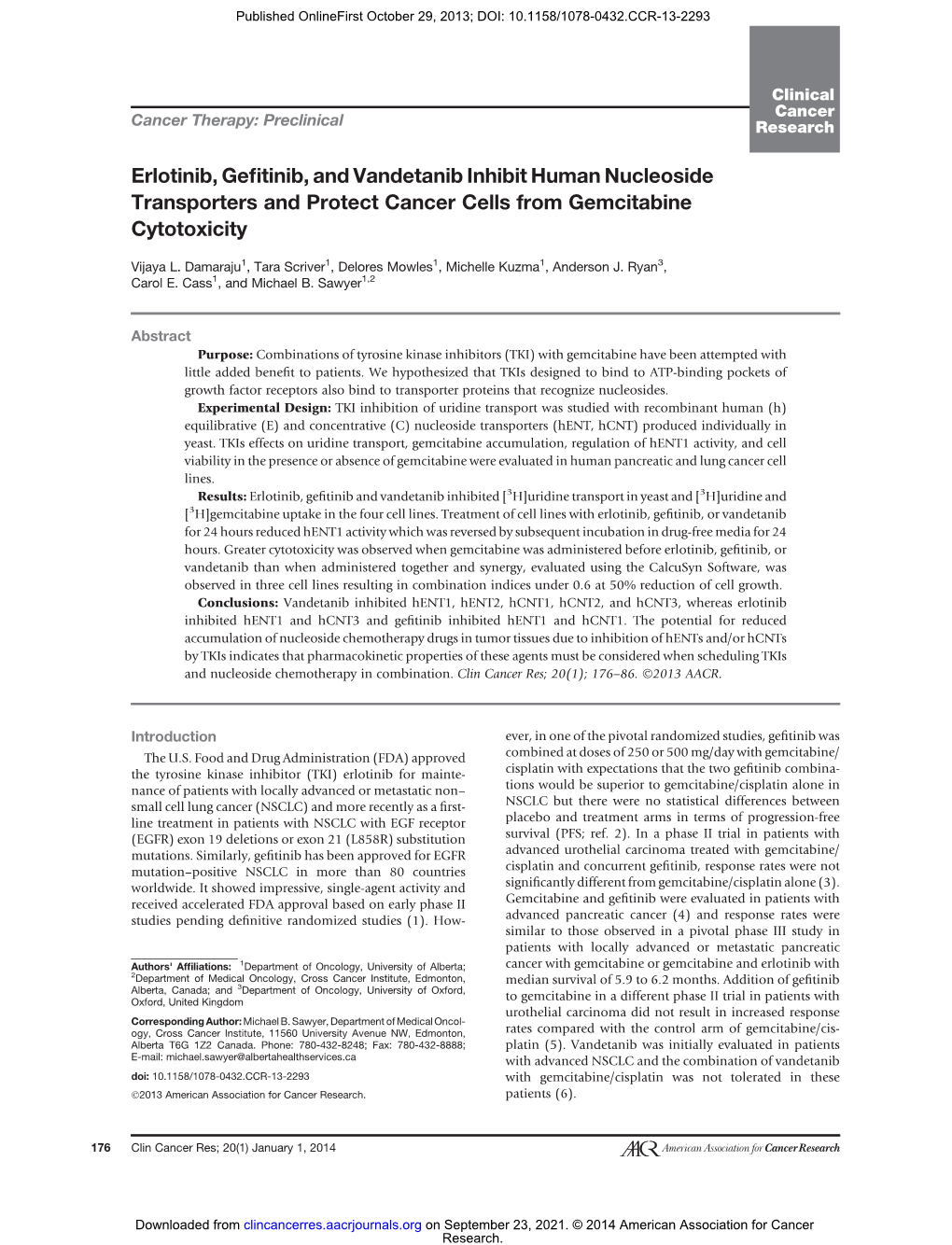 Erlotinib, Gefitinib, and Vandetanib Inhibit Human Nucleoside Transporters and Protect Cancer Cells from Gemcitabine Cytotoxicity