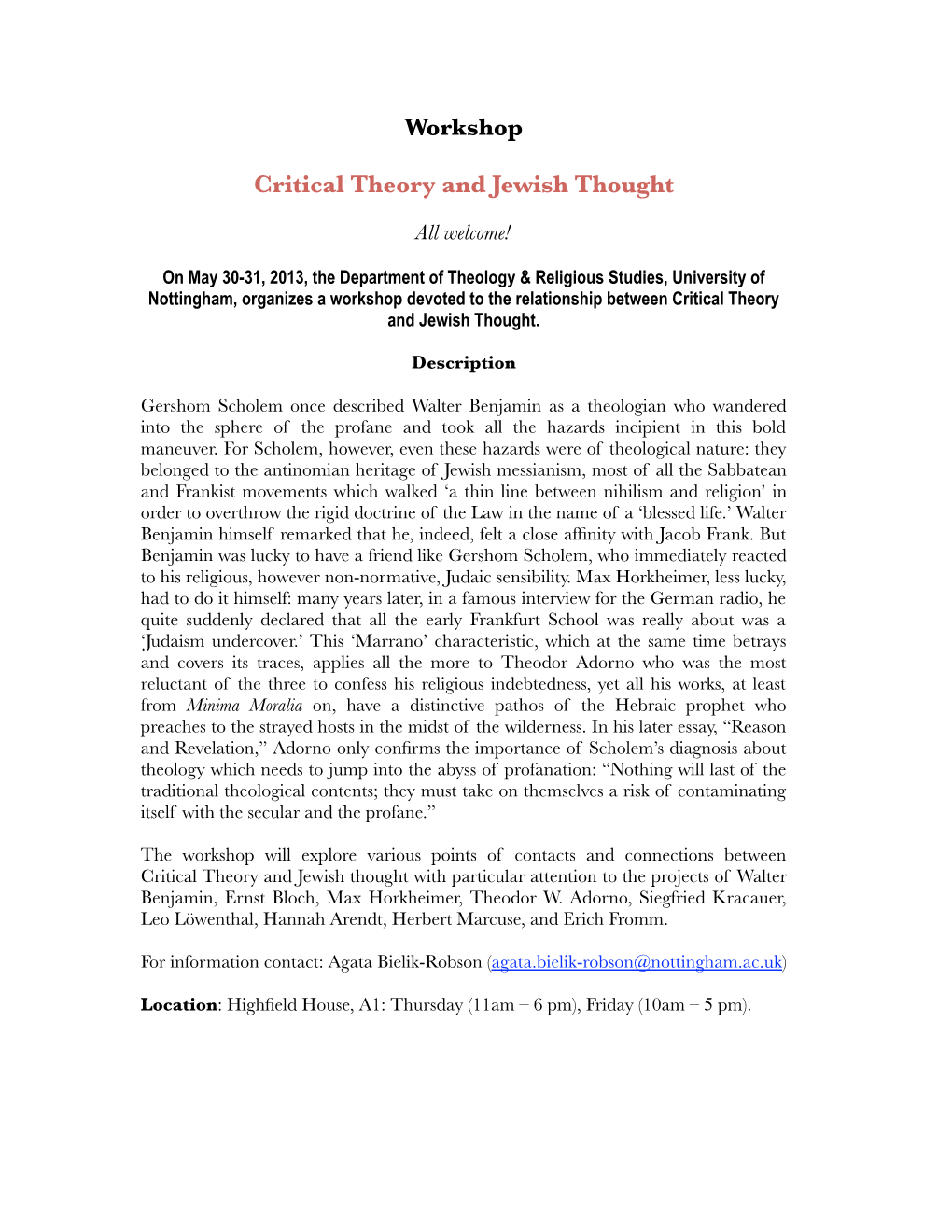 Workshop Critical Theory and Jewish Thought