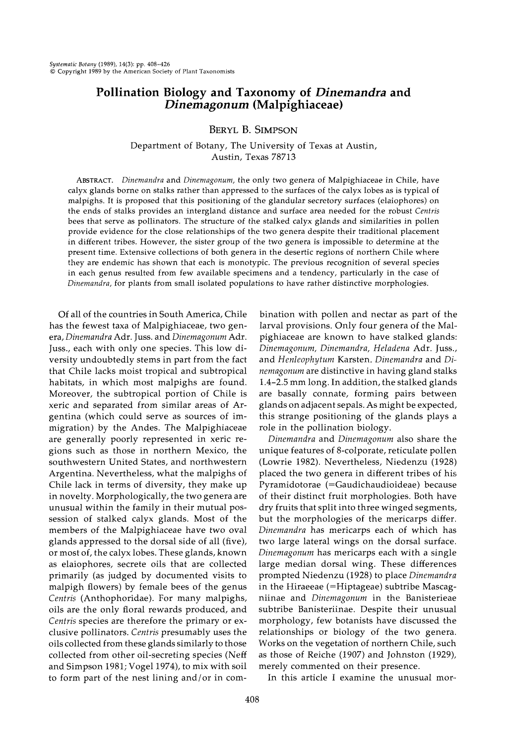 Pollination Biology and Taxonomy of Dinemandra and Dinemagonum (Malpighiaceae)