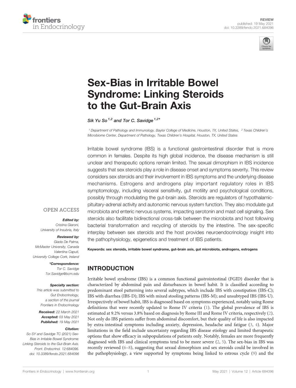 Sex-Bias in Irritable Bowel Syndrome: Linking Steroids to the Gut-Brain Axis